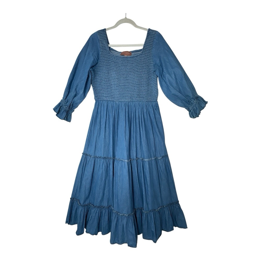 JESSAKAE Midi Dress Women's Large Puff Sleeve Smocked Denim Wash Stretch